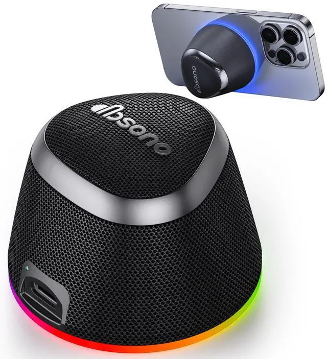 Main image of 2 in 1 Portable Magnetic Bluetooth Speaker, Phone Stand, Black | Gifts for Adults Teens, Mini Speakers, IPX5 Waterproof, Loud Sound, 9 Light Modes, TWS, Home/Office/Travel Essentials