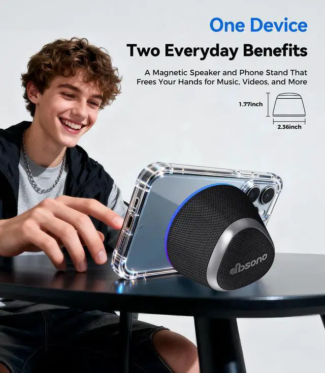 Alt view image 3 of 6 - 2 in 1 Portable Magnetic Bluetooth Speaker, Phone Stand, Black | Gifts for Adults Teens, Mini Speakers, IPX5 Waterproof, Loud Sound, 9 Light Modes, TWS, Home/Office/Travel Essentials