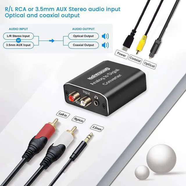 Alt view image 2 of 6 - Analog to Digital Audio Converter, RCA R/L or 3.5mm Jack AUX to Digital Coaxial Toslink Optical SPDIF Audio Adapter for PS4 Xbox HDTV DVD Headphone (Aluminum)