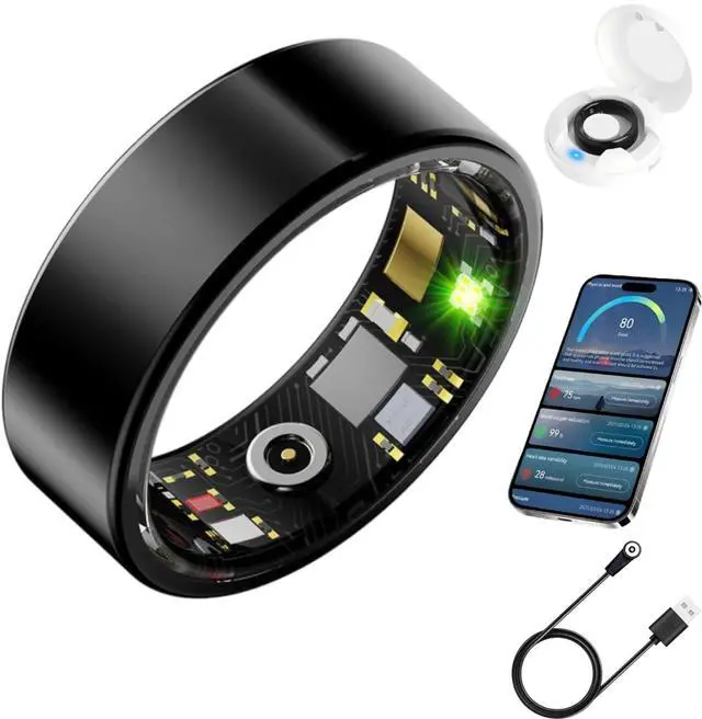 Main image of Smart Health Ring for Men Women, Fitness Tracker Ring with Heart Rate Blood Pressure SpO2 Sleep Monitoring, 100+ Sports, Slim Stainless Steel IP68, No Subscription, iOS Android (Black, 9)