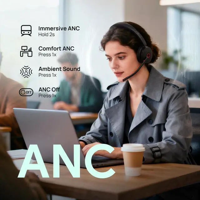 Alt view image 2 of 6 - BH74 AI ANC Wireless Headset with Mic for Work with Charging Dock | 6 Hybrid ANC Mic for Clear Call,Bluetooth Headphone for Open Office WFH,Mute Button&32H Battery Life,Teams Certified,USB C/A