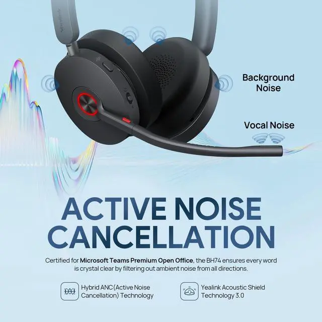 Alt view image 3 of 6 - BH74 AI ANC Wireless Headset with Mic for Work with Charging Dock | 6 Hybrid ANC Mic for Clear Call,Bluetooth Headphone for Open Office WFH,Mute Button&32H Battery Life,Teams Certified,USB C/A