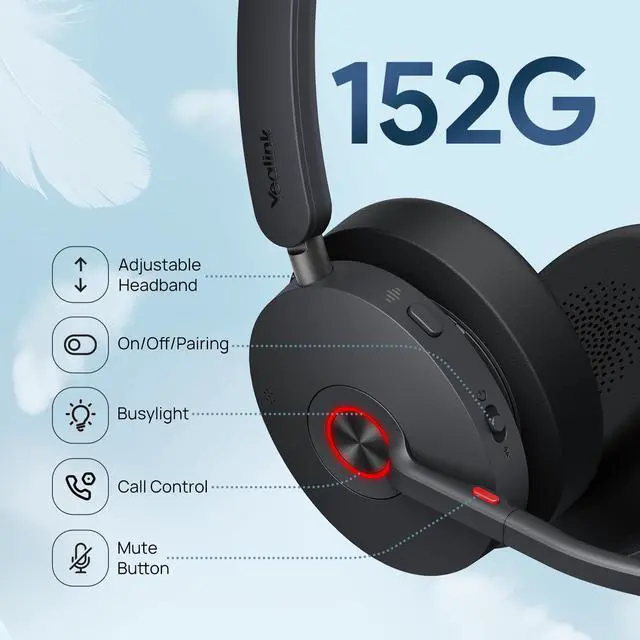 Alt view image 5 of 6 - BH74 AI ANC Wireless Headset with Mic for Work with Charging Dock | 6 Hybrid ANC Mic for Clear Call,Bluetooth Headphone for Open Office WFH,Mute Button&32H Battery Life,Teams Certified,USB C/A