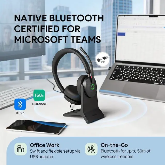 Alt view image 6 of 6 - BH74 AI ANC Wireless Headset with Mic for Work with Charging Dock | 6 Hybrid ANC Mic for Clear Call,Bluetooth Headphone for Open Office WFH,Mute Button&32H Battery Life,Teams Certified,USB C/A