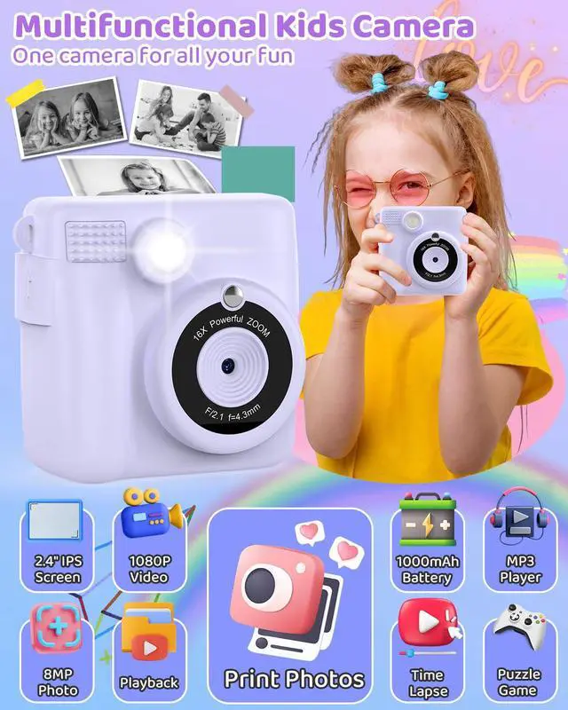 Alt view image 2 of 6 - Instant Print Camera for Kids with 3 Rolls of Printer Paper, 1080P Toddler Digital Camera Toys for Age 3-12 with 32GB SD Card, Christmas & Birthday Gifts for 3 4 5 6 7 8 Year Old Girls & Boys (Purple)