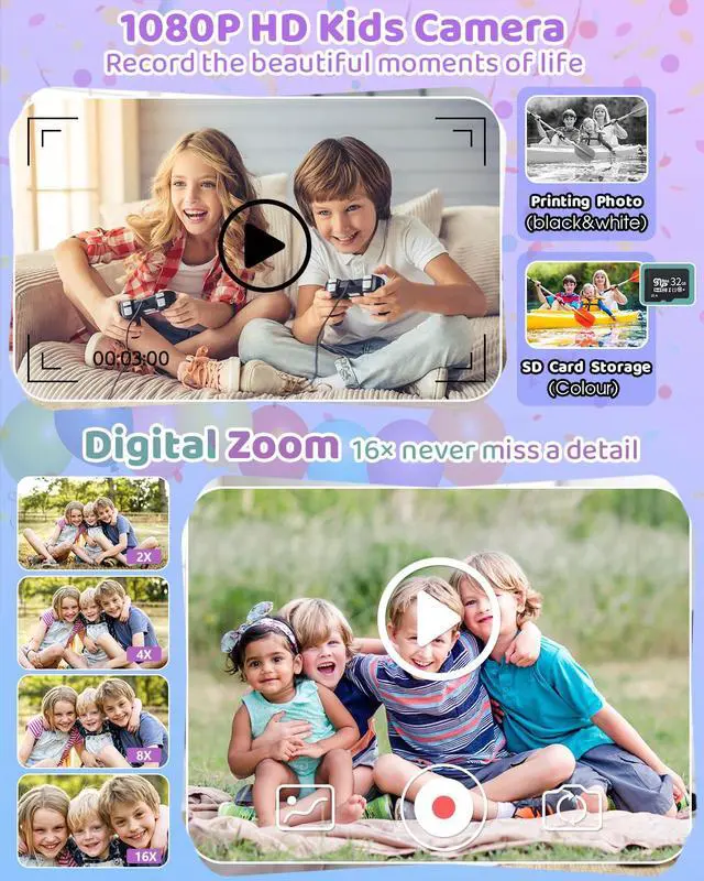 Alt view image 3 of 6 - Instant Print Camera for Kids with 3 Rolls of Printer Paper, 1080P Toddler Digital Camera Toys for Age 3-12 with 32GB SD Card, Christmas & Birthday Gifts for 3 4 5 6 7 8 Year Old Girls & Boys (Purple)