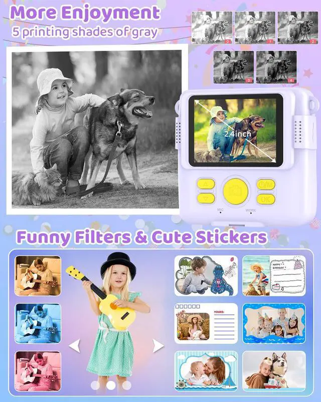 Alt view image 4 of 6 - Instant Print Camera for Kids with 3 Rolls of Printer Paper, 1080P Toddler Digital Camera Toys for Age 3-12 with 32GB SD Card, Christmas & Birthday Gifts for 3 4 5 6 7 8 Year Old Girls & Boys (Purple)