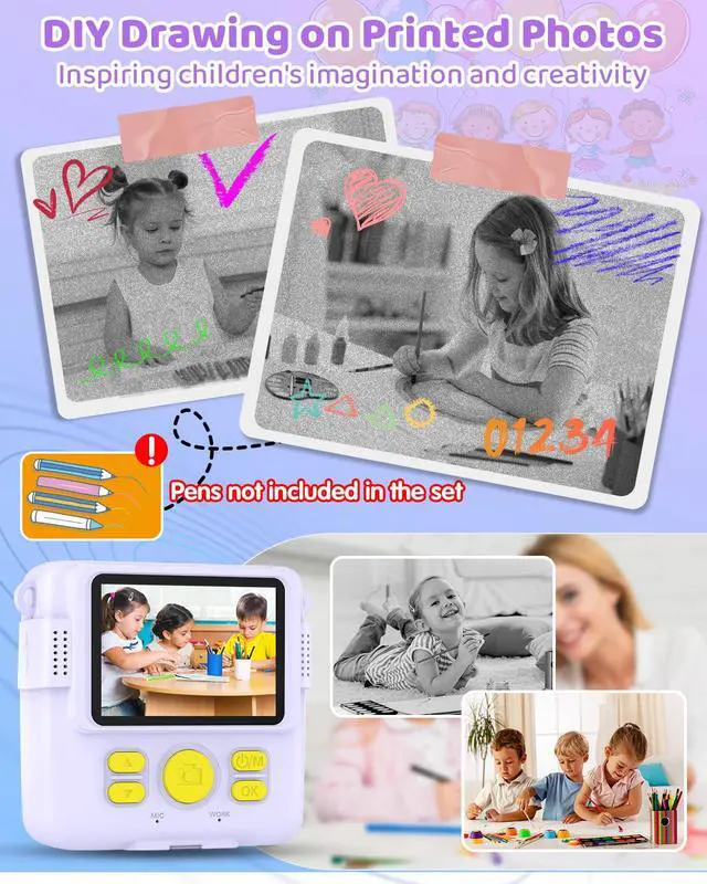 Alt view image 5 of 6 - Instant Print Camera for Kids with 3 Rolls of Printer Paper, 1080P Toddler Digital Camera Toys for Age 3-12 with 32GB SD Card, Christmas & Birthday Gifts for 3 4 5 6 7 8 Year Old Girls & Boys (Purple)