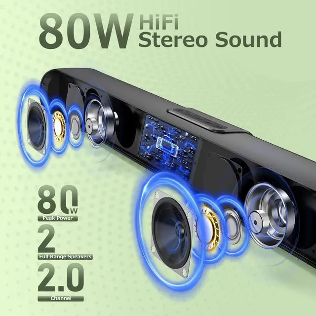 Alt view image 2 of 6 - 80W 23.6" Sound Bar for Smart TV with HDMI ARC & Bluetooth 5.0 | Opt/AUX/USB inputs, DSP 3 EQ, adjustable bass/treble. Wall mountable. Fits PC, gaming, projector