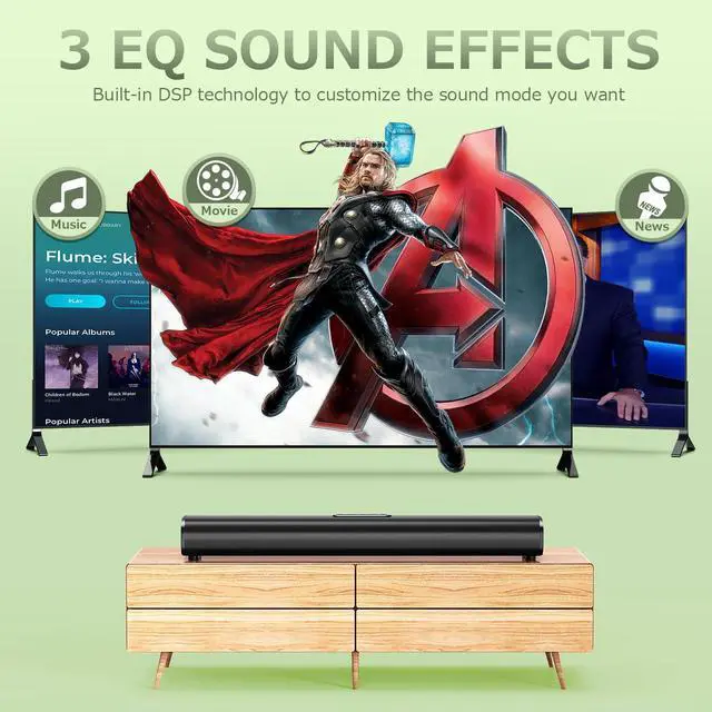 Alt view image 3 of 6 - 80W 23.6" Sound Bar for Smart TV with HDMI ARC & Bluetooth 5.0 | Opt/AUX/USB inputs, DSP 3 EQ, adjustable bass/treble. Wall mountable. Fits PC, gaming, projector
