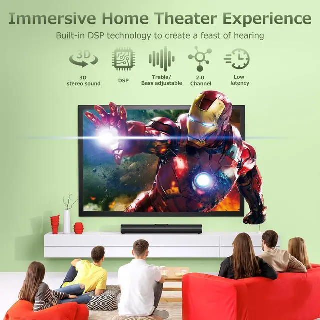 Alt view image 5 of 6 - 80W 23.6" Sound Bar for Smart TV with HDMI ARC & Bluetooth 5.0 | Opt/AUX/USB inputs, DSP 3 EQ, adjustable bass/treble. Wall mountable. Fits PC, gaming, projector