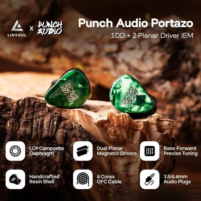 Alt view image 2 of 6 - Punch Audio Portazo 1DD + 2 Planar Driver IEM in Ear Monitor, 2Pin | HiFi Wired Gaming Earbuds, with Basshead Studio Monitoring, Detachable 3.5/4.4mm Cable for Musicians Audiophiles