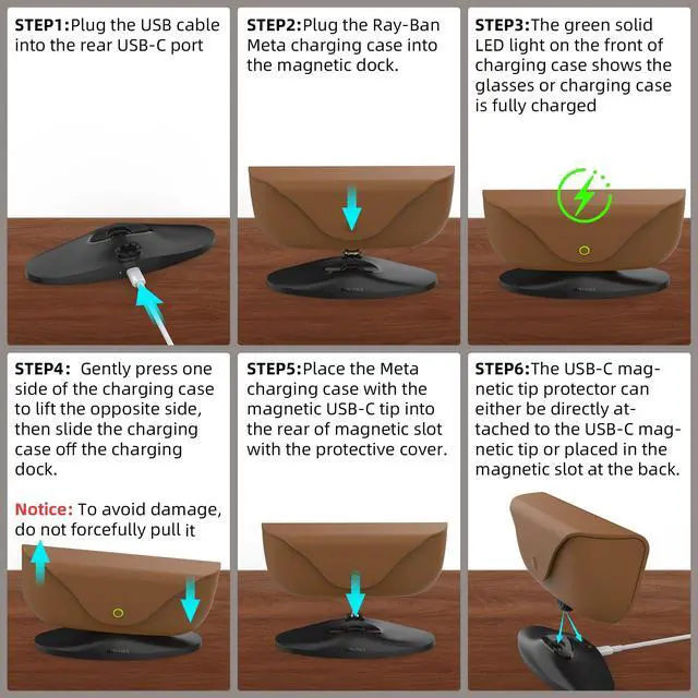 Alt view image 6 of 6 - HiBloks Magnetic USB-C Charging Dock for Ray-Ban Meta Glasses Charger Case | Magnetic USB-C Detachable Charger Stand, Smart Glasses Accessories for Meta Glasses Charging Case with 3.9FT USB-C Cable