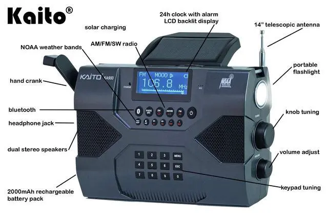 Alt view image 2 of 6 - Emergency Radio Voyager Max KA900 Digital Solar Dynamo Crank Wind Up AM/FM/SW & NOAA Weather Stereo Radio Receiver with Bluetooth, Real-time Alert, MP3 Player, Recorder & Phone Charger, Black