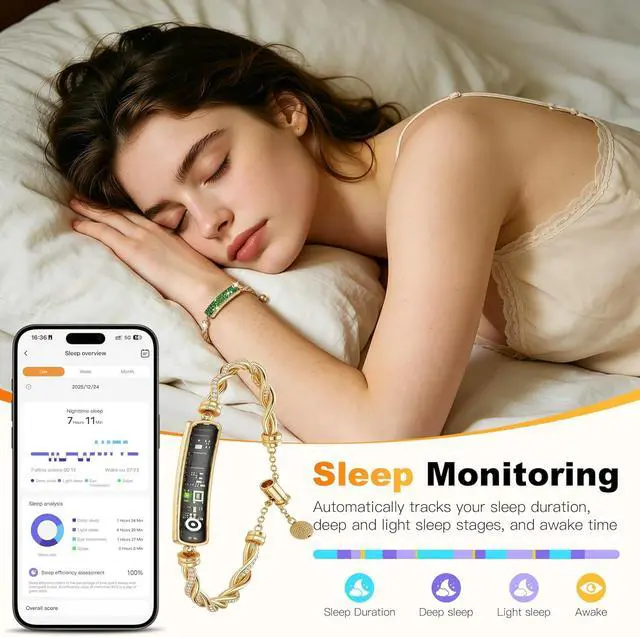 Alt view image 3 of 6 - 2-in-1 Crystal-Inlaid Smart Bracelet for Women, Jewelry Fitness Tracker with Heart Rate, Sleep & Cycle Tracking, IP68 Waterproof, Interchangeable Bands, Compatible with iOS & Android