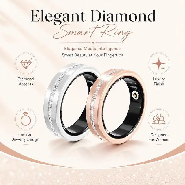 Alt view image 2 of 6 - Smart Ring for Women Health Ring with 24/7 Heart Rate Monitor Sleep Tracker Multi-Sport Modes Waterproof Remote Camera Period Tracking Fitness Tracker Diamond-Accented Fashion iOS Android Phones