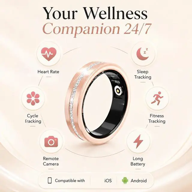 Alt view image 3 of 6 - Smart Ring for Women Health Ring with 24/7 Heart Rate Monitor Sleep Tracker Multi-Sport Modes Waterproof Remote Camera Period Tracking Fitness Tracker Diamond-Accented Fashion iOS Android Phones