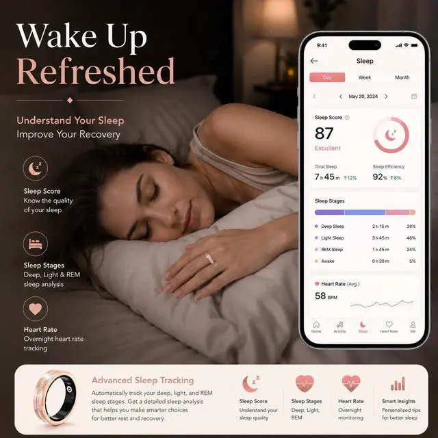 Alt view image 5 of 6 - Smart Ring for Women Health Ring with 24/7 Heart Rate Monitor Sleep Tracker Multi-Sport Modes Waterproof Remote Camera Period Tracking Fitness Tracker Diamond-Accented Fashion iOS Android Phones