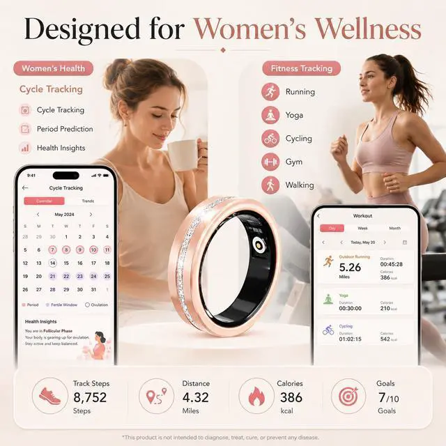 Alt view image 6 of 6 - Smart Ring for Women Health Ring with 24/7 Heart Rate Monitor Sleep Tracker Multi-Sport Modes Waterproof Remote Camera Period Tracking Fitness Tracker Diamond-Accented Fashion iOS Android Phones