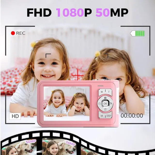 Alt view image 3 of 6 - Digital Camera,Pink Digital Camera for Kids Teens 3-18, 50MP FHD 1080P Compact Camera with GB Card, 16X Zoom Anti-Shake,Webcam for PC,Christmas Birthday Gifts for Girl Boys 3-12, 13-18 Years Old