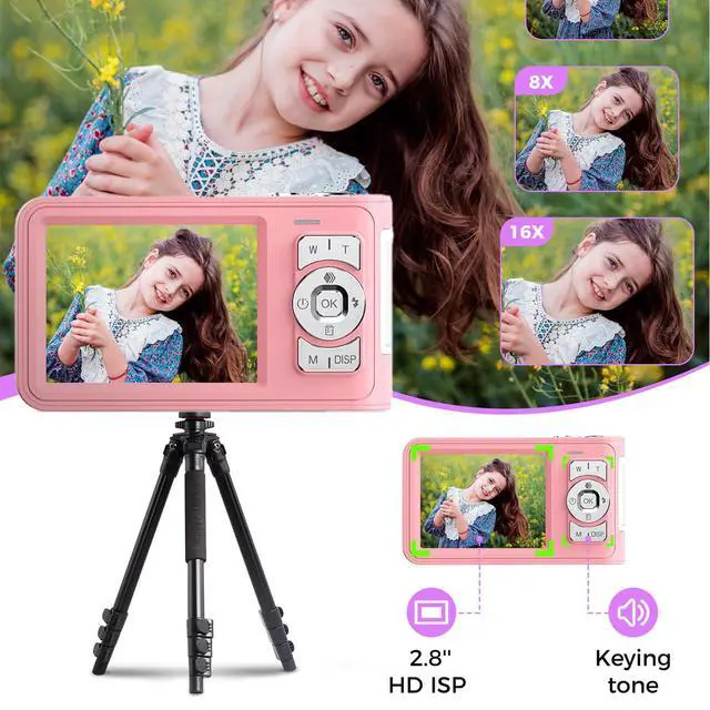 Alt view image 4 of 6 - Digital Camera,Pink Digital Camera for Kids Teens 3-18, 50MP FHD 1080P Compact Camera with GB Card, 16X Zoom Anti-Shake,Webcam for PC,Christmas Birthday Gifts for Girl Boys 3-12, 13-18 Years Old