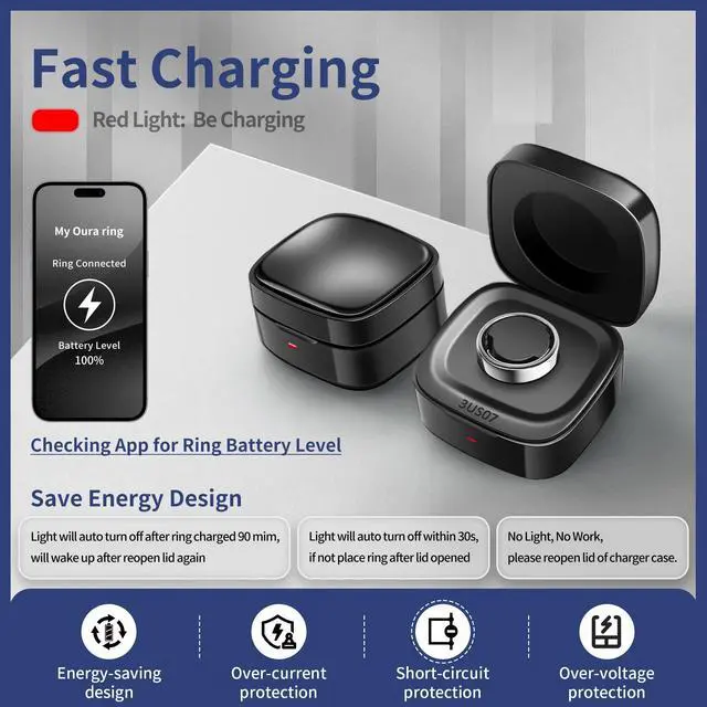 Alt view image 3 of 6 - Smart Rings Charger Case Only Compatible with Oura Ring Gen 3 Heritage/Horizon - Rings Charging Box with Indicator Light - Portable for Ring Storage, Travel, Prevent Scratches (Size 7)