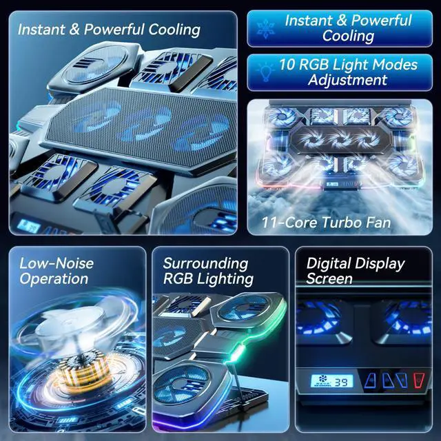 Alt view image 6 of 6 - Gaming Laptop Cooling Pad - 11 High Speed Turbo Fans Ultra Quiet Laptop Cooler Stand with RGB Lights Digital Display Height Adjustable for 17 Inch Laptop