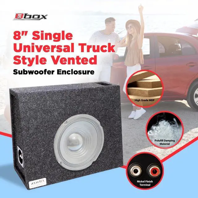 Alt view image 2 of 6 - Atrend 8" Single Universal Truck Style Vented Subwoofer Enclosure - Mitered & Dado End Panels - Premium Carpeted Finish, Silver Spring-Loaded Terminal & 5/8" MDF Construction- Upgrade Your Audio Setup