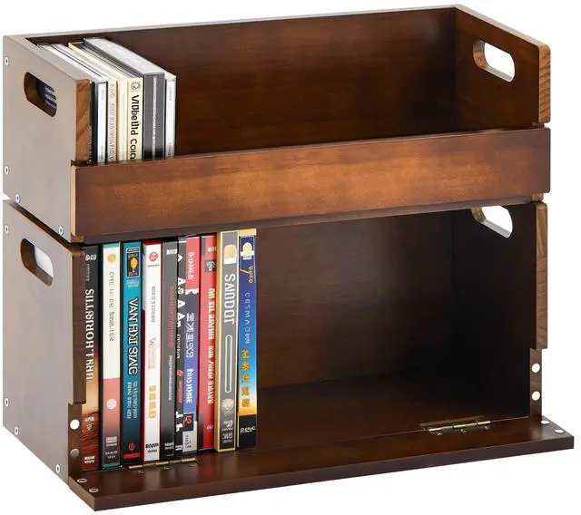 Main image of 2 Set Wooden DVD and CD Storage Box Cassette Tape Display Stand Holder Rack with Carrying Handle, Organizer Shelf for Movie Cases, Each Can Store up to 36 CDs and 26 DVDs (Brown)