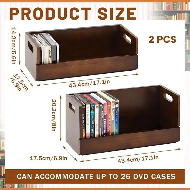 Alt view image 2 of 6 - 2 Set Wooden DVD and CD Storage Box Cassette Tape Display Stand Holder Rack with Carrying Handle, Organizer Shelf for Movie Cases, Each Can Store up to 36 CDs and 26 DVDs (Brown)