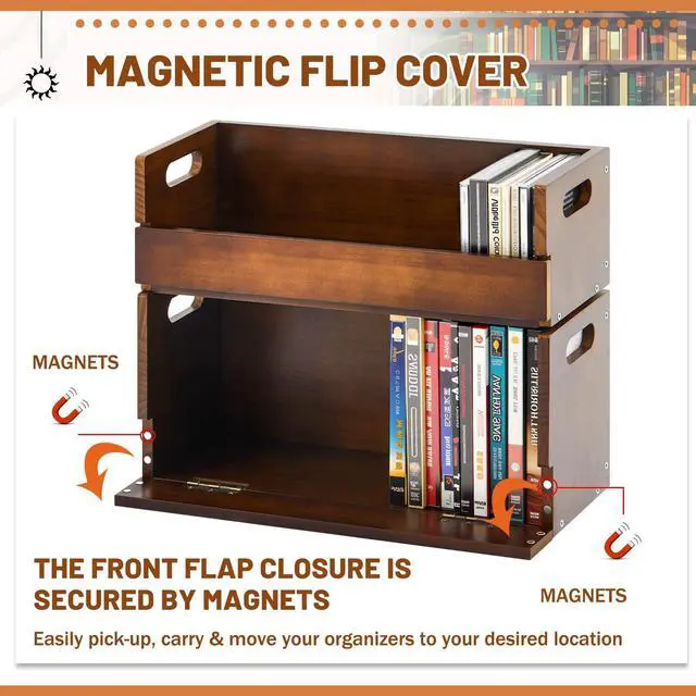 Alt view image 3 of 6 - 2 Set Wooden DVD and CD Storage Box Cassette Tape Display Stand Holder Rack with Carrying Handle, Organizer Shelf for Movie Cases, Each Can Store up to 36 CDs and 26 DVDs (Brown)