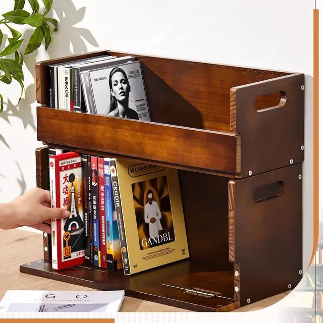 Alt view image 4 of 6 - 2 Set Wooden DVD and CD Storage Box Cassette Tape Display Stand Holder Rack with Carrying Handle, Organizer Shelf for Movie Cases, Each Can Store up to 36 CDs and 26 DVDs (Brown)