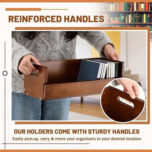 Alt view image 5 of 6 - 2 Set Wooden DVD and CD Storage Box Cassette Tape Display Stand Holder Rack with Carrying Handle, Organizer Shelf for Movie Cases, Each Can Store up to 36 CDs and 26 DVDs (Brown)