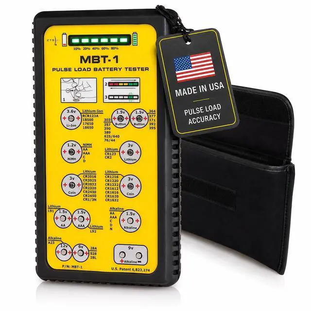 Main image of MBT-1 Battery Tester, Professional Pulse Load Checker for AAA AA C D 9V N Lithium & Button Cell Batteries, Tests 40+ Types in Seconds, LED Charge Display, Carry Case, USA Made