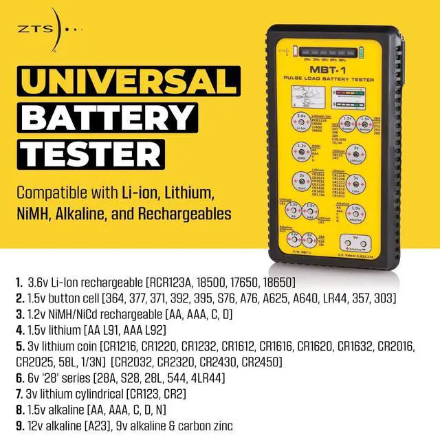 Alt view image 2 of 6 - MBT-1 Battery Tester, Professional Pulse Load Checker for AAA AA C D 9V N Lithium & Button Cell Batteries, Tests 40+ Types in Seconds, LED Charge Display, Carry Case, USA Made