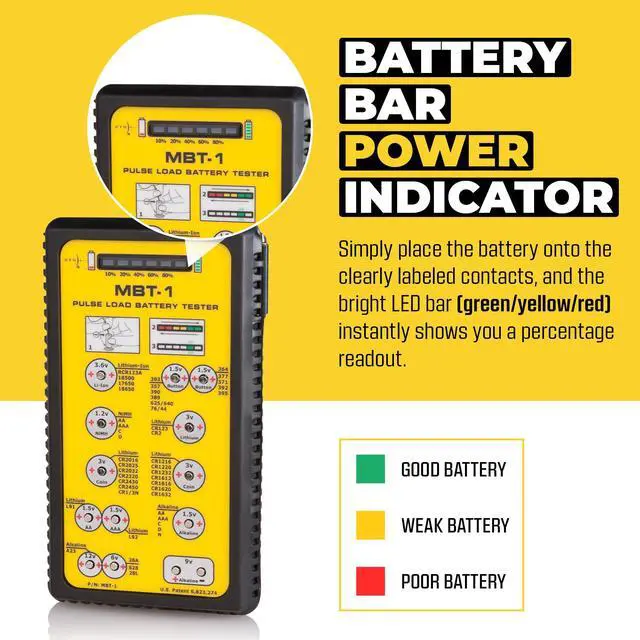 Alt view image 3 of 6 - MBT-1 Battery Tester, Professional Pulse Load Checker for AAA AA C D 9V N Lithium & Button Cell Batteries, Tests 40+ Types in Seconds, LED Charge Display, Carry Case, USA Made