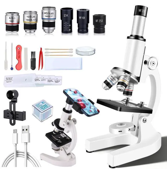 Main image of Compound Microscope for Adults & Kids - 40X-2000X High-Power Biological Microscope for Students, School Lab & Home Education, with Slides Set & Phone Adapter (White)