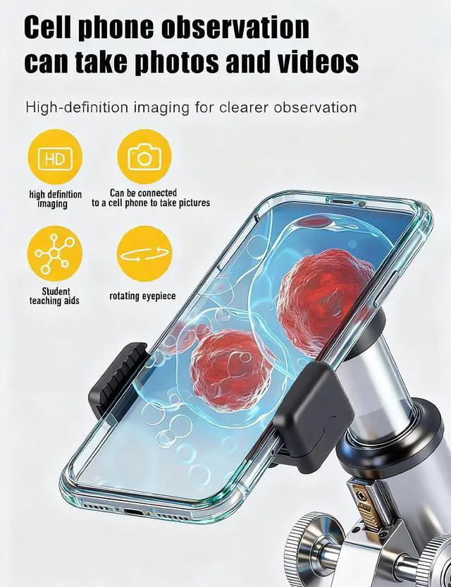 Alt view image 4 of 6 - Compound Microscope for Adults & Kids - 40X-2000X High-Power Biological Microscope for Students, School Lab & Home Education, with Slides Set & Phone Adapter (White)