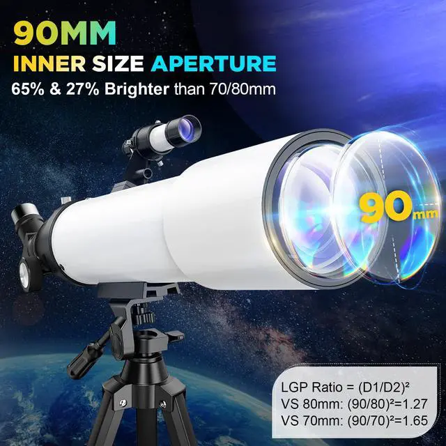 Alt view image 2 of 6 - 90mm Refractor Telescope for Adults & Kids: 150X Scope with 133cm Tripod | 90mm Large Aperture, Fully Multi-Coated Optics, Brighter Views, Higher Contrast, 20X-150X Magnification, Tool-Free Setup