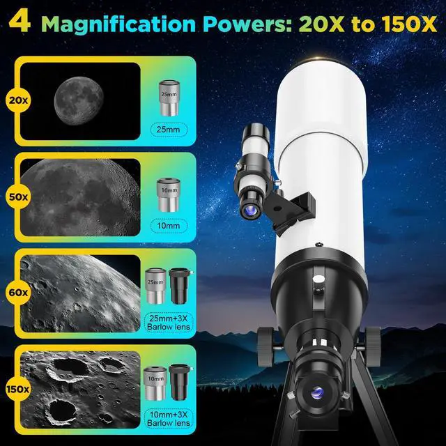 Alt view image 3 of 6 - 90mm Refractor Telescope for Adults & Kids: 150X Scope with 133cm Tripod | 90mm Large Aperture, Fully Multi-Coated Optics, Brighter Views, Higher Contrast, 20X-150X Magnification, Tool-Free Setup