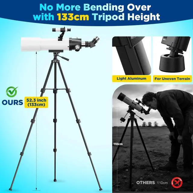 Alt view image 4 of 6 - 90mm Refractor Telescope for Adults & Kids: 150X Scope with 133cm Tripod | 90mm Large Aperture, Fully Multi-Coated Optics, Brighter Views, Higher Contrast, 20X-150X Magnification, Tool-Free Setup