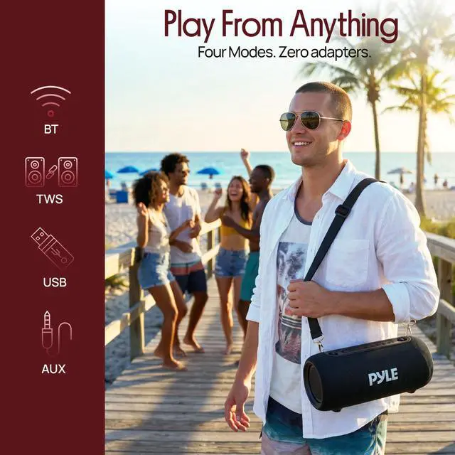 Alt view image 2 of 7 - Portable Bluetooth Speaker - RGB LED, IPX5 Waterproof, TWS Stereo Pairing, USB/AUX/FM, Built-in Mic, USB-C Charging, 7H Battery, Shoulder Strap - Party, Outdoor, Travel, Home - PBTPSP25BK