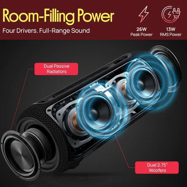 Alt view image 3 of 7 - Portable Bluetooth Speaker - RGB LED, IPX5 Waterproof, TWS Stereo Pairing, USB/AUX/FM, Built-in Mic, USB-C Charging, 7H Battery, Shoulder Strap - Party, Outdoor, Travel, Home - PBTPSP25BK