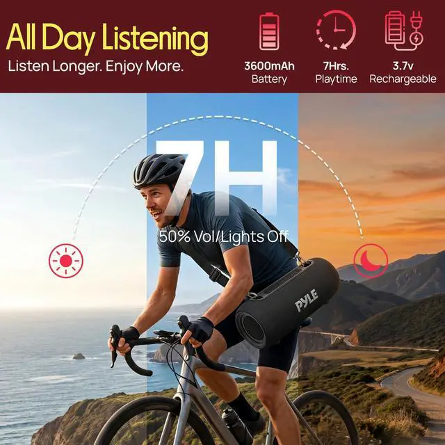 Alt view image 5 of 7 - Portable Bluetooth Speaker - RGB LED, IPX5 Waterproof, TWS Stereo Pairing, USB/AUX/FM, Built-in Mic, USB-C Charging, 7H Battery, Shoulder Strap - Party, Outdoor, Travel, Home - PBTPSP25BK