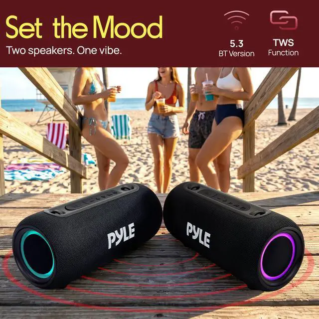 Alt view image 6 of 7 - Portable Bluetooth Speaker - RGB LED, IPX5 Waterproof, TWS Stereo Pairing, USB/AUX/FM, Built-in Mic, USB-C Charging, 7H Battery, Shoulder Strap - Party, Outdoor, Travel, Home - PBTPSP25BK