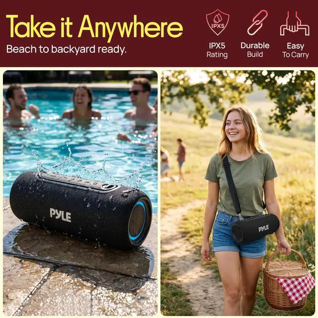 Alt view image 4 of 7 - Portable Bluetooth Speaker - RGB LED, IPX5 Waterproof, TWS Stereo Pairing, USB/AUX/FM, Built-in Mic, USB-C Charging, 7H Battery, Shoulder Strap - Party, Outdoor, Travel, Home - PBTPSP25BK
