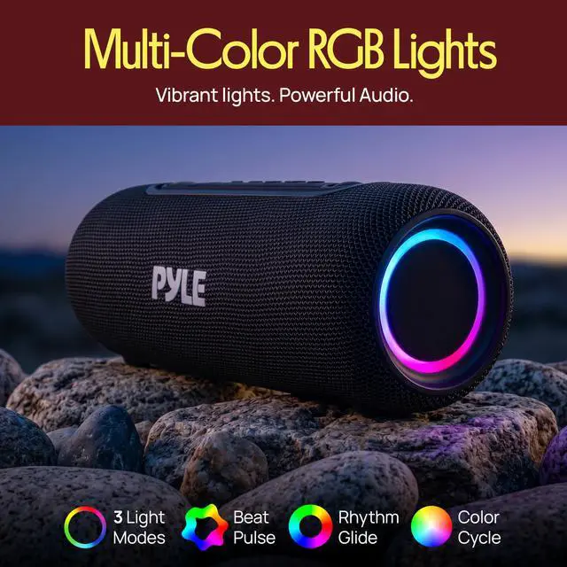 Alt view image 7 of 7 - Portable Bluetooth Speaker - RGB LED, IPX5 Waterproof, TWS Stereo Pairing, USB/AUX/FM, Built-in Mic, USB-C Charging, 7H Battery, Shoulder Strap - Party, Outdoor, Travel, Home - PBTPSP25BK