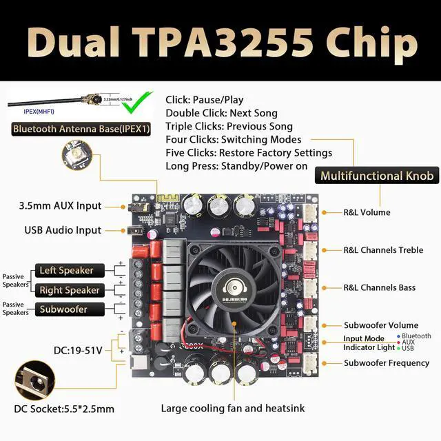 Alt view image 2 of 6 - S600X-W Bluetooth 5.2 2.1 Channel Power Amplifier Board with Extension Knobs, TPA3255 Chip, 300W+300W+600W High Output, DIY Panel Included, for Home Theater & Speaker Projects