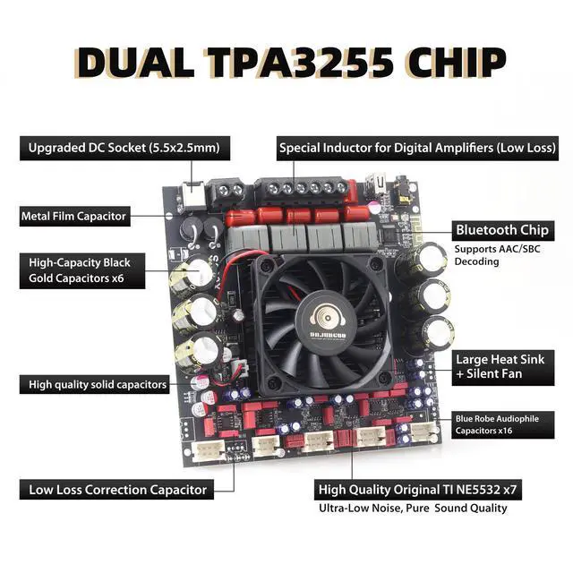 Alt view image 3 of 6 - S600X-W Bluetooth 5.2 2.1 Channel Power Amplifier Board with Extension Knobs, TPA3255 Chip, 300W+300W+600W High Output, DIY Panel Included, for Home Theater & Speaker Projects