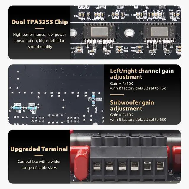Alt view image 5 of 6 - S600X-W Bluetooth 5.2 2.1 Channel Power Amplifier Board with Extension Knobs, TPA3255 Chip, 300W+300W+600W High Output, DIY Panel Included, for Home Theater & Speaker Projects